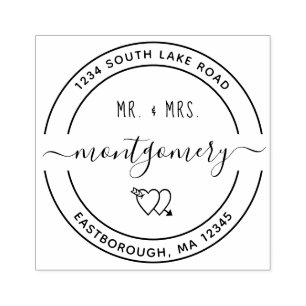 Mr & Mrs Heart 10 Custom Round Return Address Rubber Stamp