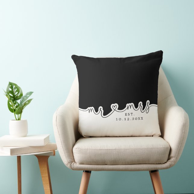 Mr Mrs Heart Script Black White Wedding Pillow (Chair)