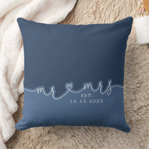 Mr Mrs Heart Script Dusty Blue Wedding Pillow