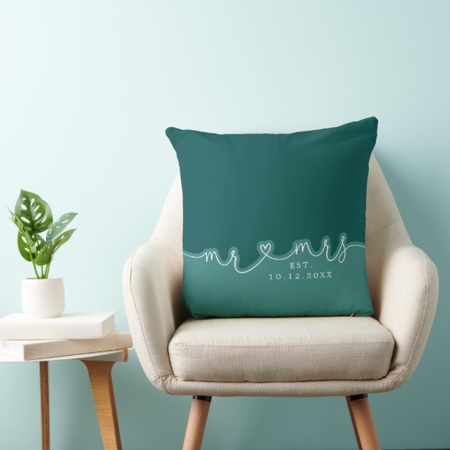 Mr Mrs Heart Script Teal Green Wedding Pillow (Chair)