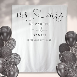 Mr Mrs Heart Script Wedding Photo Booth Backdrop Tapestry