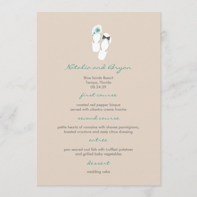Mr & Mrs Hibiscus Flip Flops Wedding Menu Card (Front)