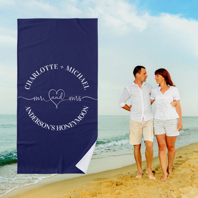Mr mrs honeymoon navy blue white newlyweds beach towel (Creator Uploaded)