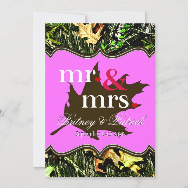 Mr & Mrs Hunting Camo Pink Wedding Invitations (Front)