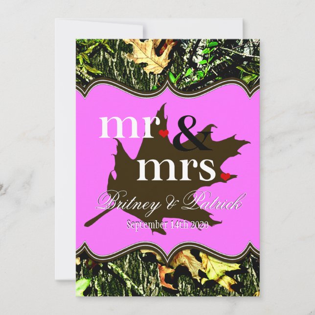 Mr & Mrs Hunting Camo Pink Wedding Invitations (Front)