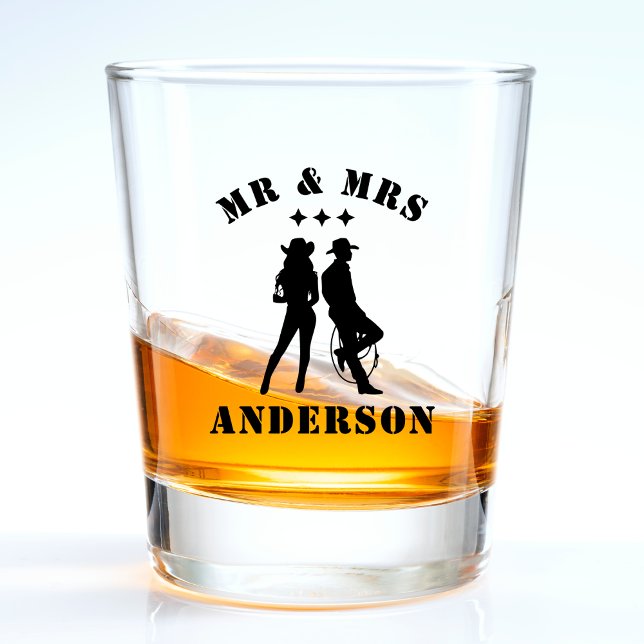 Mr & Mrs Husband Wife Bride Groom Cowboy Couples Shot Glass (mr and mrs wedding shot glass with cowboy and cowgirl)