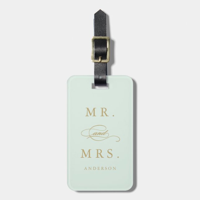 Mr. & Mrs. in Mint & Gold | Luggage Tag (Front Vertical)