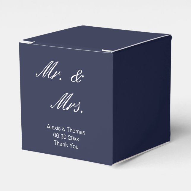 Mr. & Mrs. in White Script Midnight Blue Wedding Favour Box (Front Side)