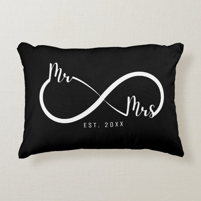 Mr & Mrs Infinity Symbol Black Decorative Cushion (Front)