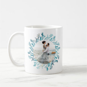 Mr & Mrs Joy   Blue Holiday Greenery Wreath Photo Coffee Mug