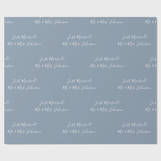 Mr & Mrs Just Married! Dusty Blue Wedding Wrapping Paper (Flat)