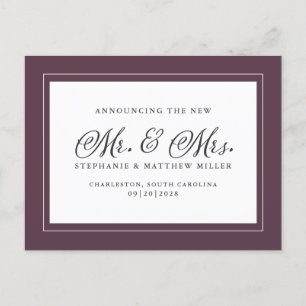 Mr & Mrs Just Married Elopement Purple Elegant Invitation Postcard