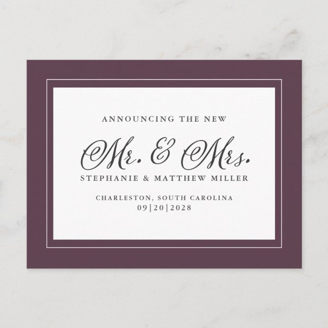 Mr & Mrs Just Married Elopement Purple Elegant Invitation Postcard (Front)