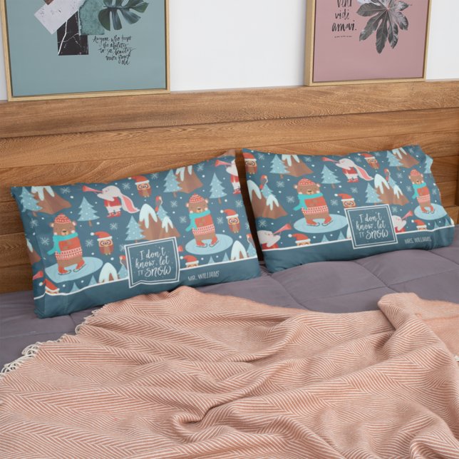 Mr & Mrs Last Name Let it Snow Blue Winter Pillowcase (Creator Uploaded)