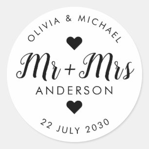 Mr Mrs Last Name Script Wedding Party Favour Classic Round Sticker