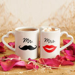 Mr. & Mrs. Lips & Moustache Coffee Mug Set<br><div class="desc">The perfect gift for any couple,  the fun and modern design features a black moustache on the "Mr." mug and red lips on the "Mrs." mug.</div>