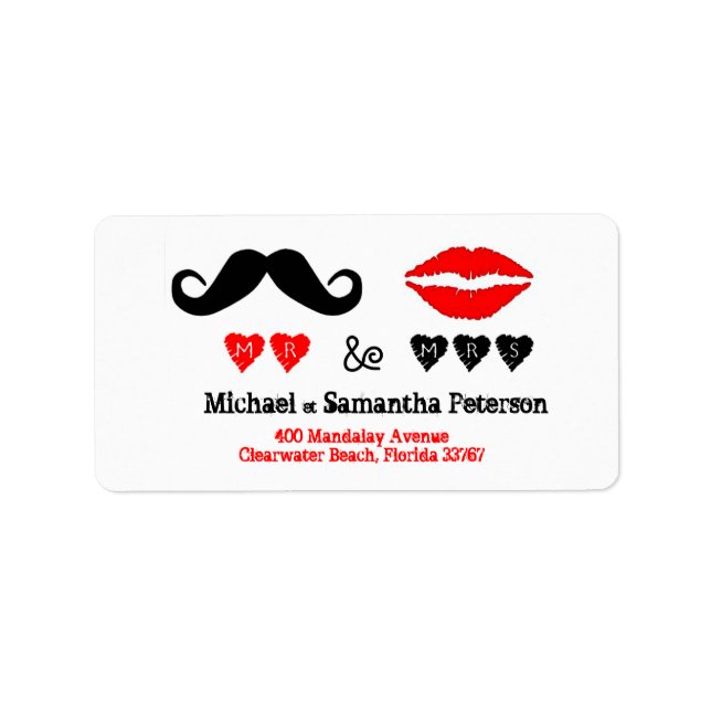 Mr. & Mrs. Lips & Moustache Wedding Address Label (Front)