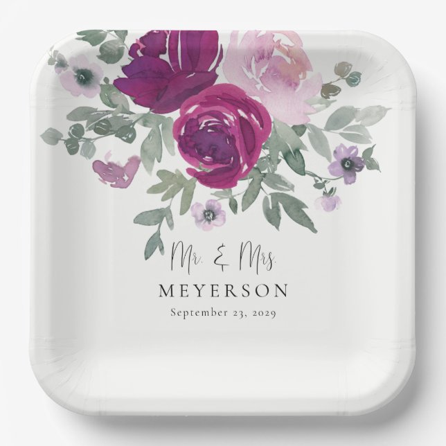 Mr & Mrs Magenta Blush Floral Ivory Wedding Paper Plate (Front)