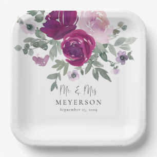 Mr & Mrs Magenta Blush Floral White Wedding Paper Plate