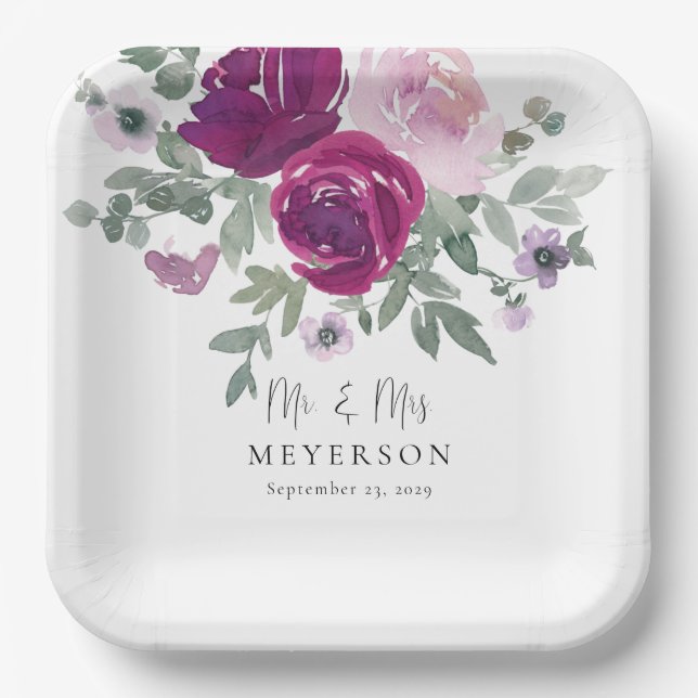 Mr & Mrs Magenta Blush Floral White Wedding Paper Plate (Front)