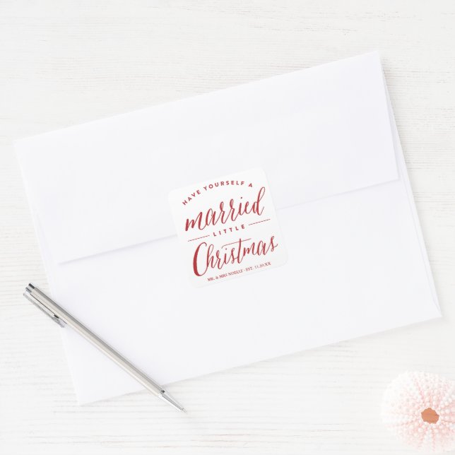 Mr & Mrs Married Little Christmas Holiday Wedding Square Sticker (Envelope)