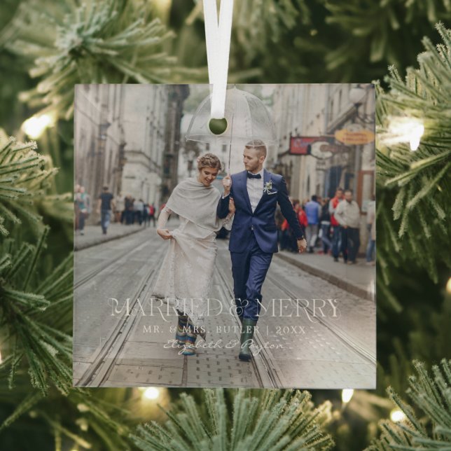 Mr. & Mrs. | Married & Merry First Christmas Photo Glass Tree Decoration (Insitu)