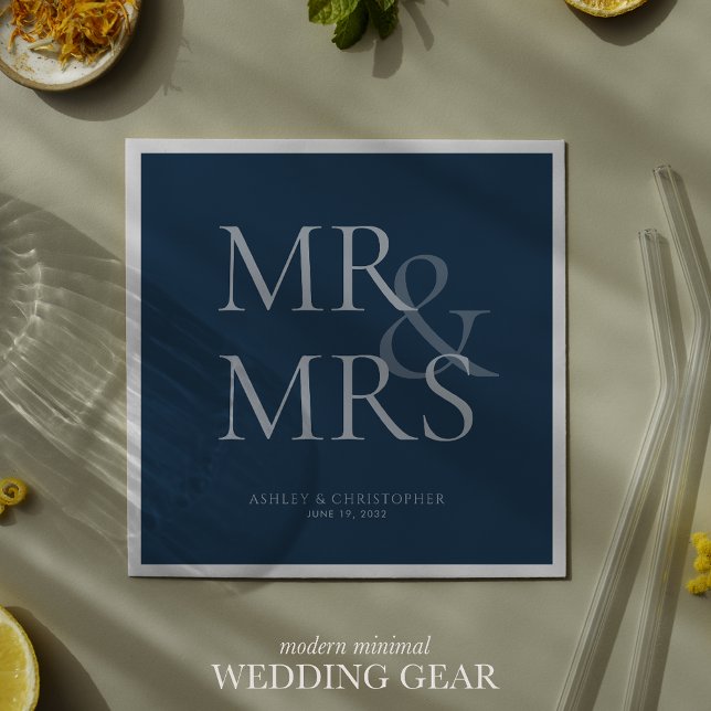 MR&MRS Minimal Typographic Navy Blue Cocktail Napkin (Creator Uploaded)