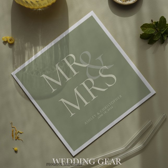 MR&MRS Minimal Typographic Sage Green Cocktail Napkin (Creator Uploaded)