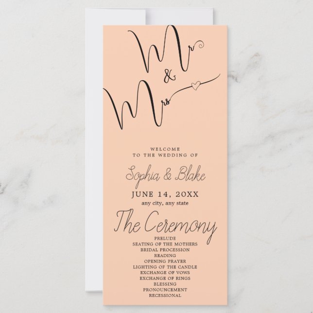 Mr & Mrs Minimalist Apricot Wedding Program (Front)