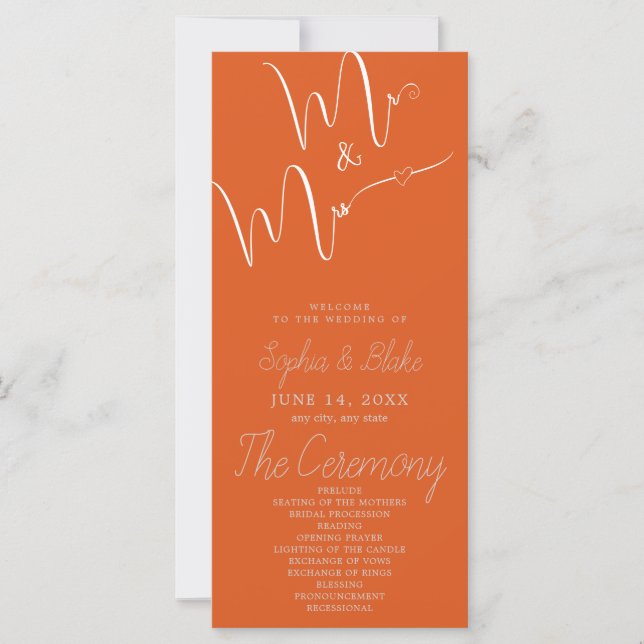 Mr & Mrs Minimalist Fire Orange Wedding Program (Front)