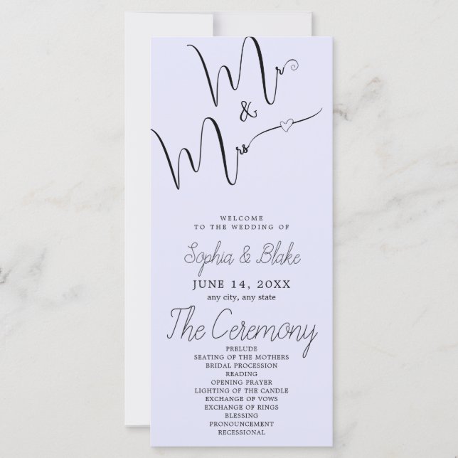 Mr & Mrs Minimalist Lavender Wedding Program (Front)