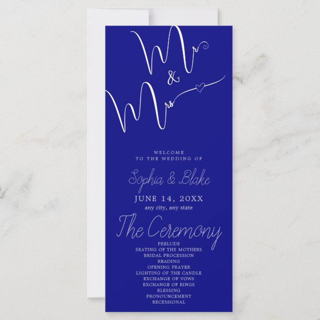 Mr & Mrs Minimalist Navy Blue Wedding Program (Front)