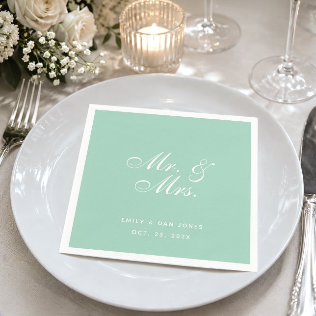 Mr & Mrs Mint Green Wedding Simple Elegant Script Napkin (Creator Uploaded)