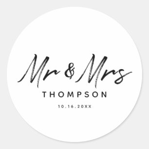 Mr. & Mrs. Modern Black White Script  Wedding Classic Round Sticker