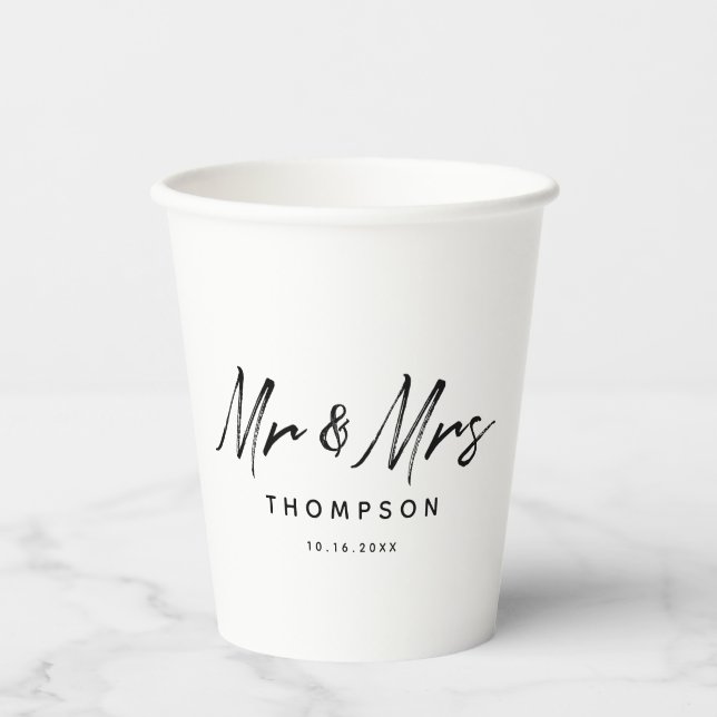 Mr. & Mrs. Modern Black White Script  Wedding  Paper Cups (Front)