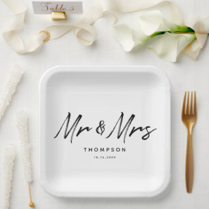 Mr. & Mrs. Modern Black White Script  Wedding  Paper Plate