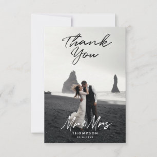 Mr. Mrs. Modern Black White Script  Wedding Photo Thank You Card
