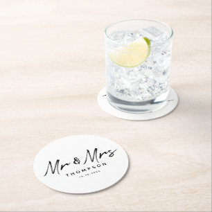 Mr. & Mrs. Modern Black White Script  Wedding  Round Paper Coaster