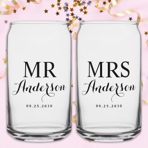 Mr & Mrs Modern Elegant Custom Name Date Wedding  Can Glass