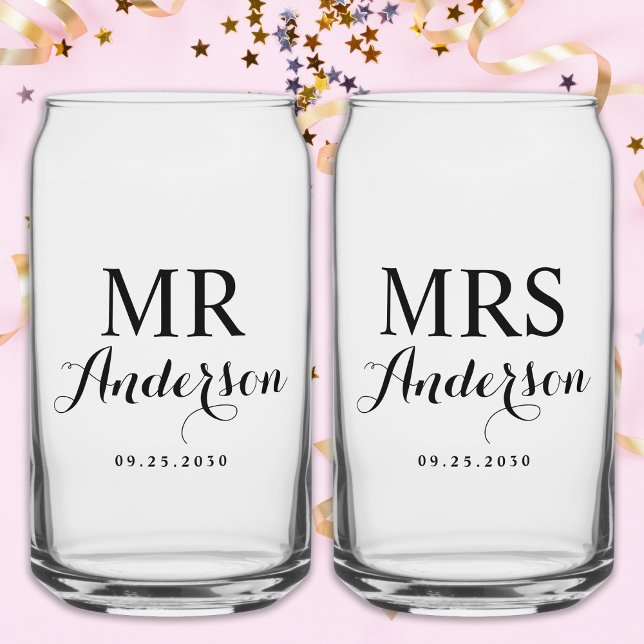 Mr & Mrs Modern Elegant Custom Name Date Wedding  Can Glass (Creator Uploaded)