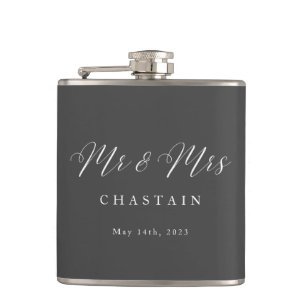 Mr & Mrs Modern Minimalist Script Couple Wedding Hip Flask