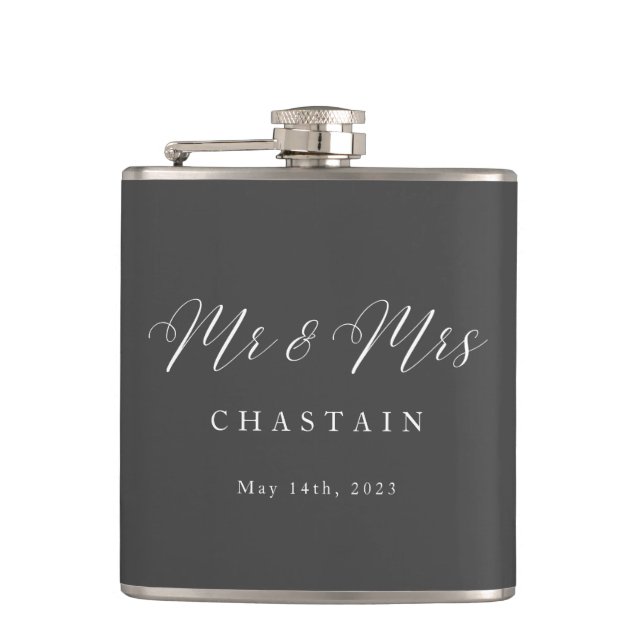 Mr & Mrs Modern Minimalist Script Couple Wedding Hip Flask (Front)