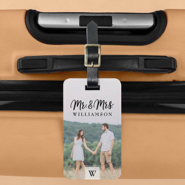 Mr & Mrs | Modern Newlyweds Photo & Monogram Luggage Tag (Creator Uploaded)