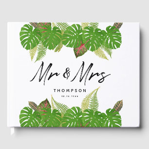 Mr. & Mrs. Modern Tropical Leaves Script Wedding  Guest Book