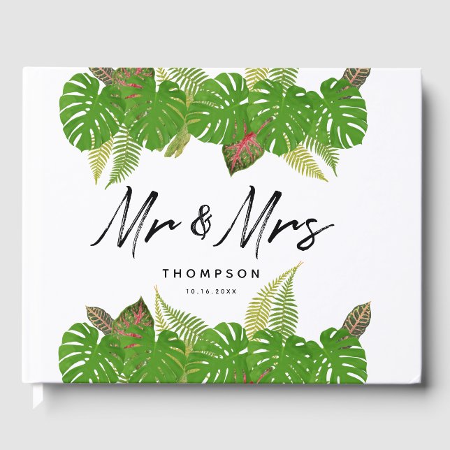 Mr. & Mrs. Modern Tropical Leaves Script Wedding  Guest Book (Front)