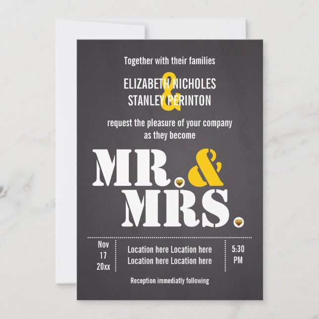 Mr. & Mrs. Modern typography black, yellow wedding Invitation (Front)