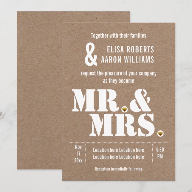 Mr. & Mrs. Modern typography kraft paper wedding Invitation (Front/Back)