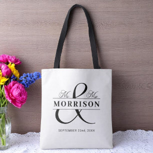 Mr Mrs Monogram Black White Wedding Tote Bag