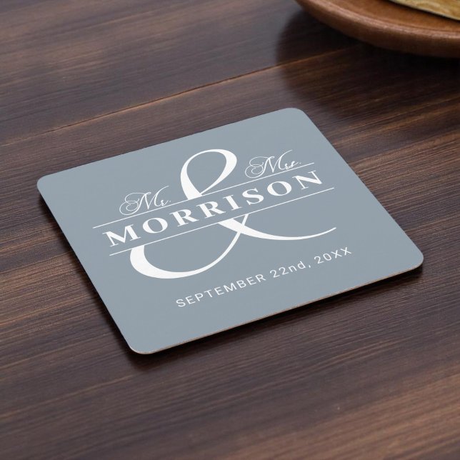 Mr Mrs Monogram Dusty Blue Wedding  Square Paper Coaster (Creator Uploaded)