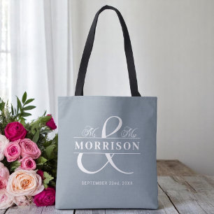 Mr Mrs Monogram Dusty Blue Wedding  Tote Bag